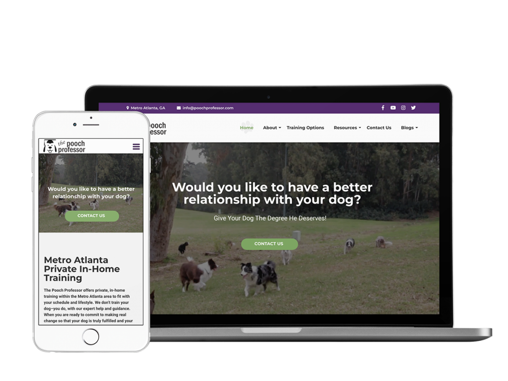 A mobile phone and tablet displaying a website dedicated to dog relationships, designed by the Pooch Professor.