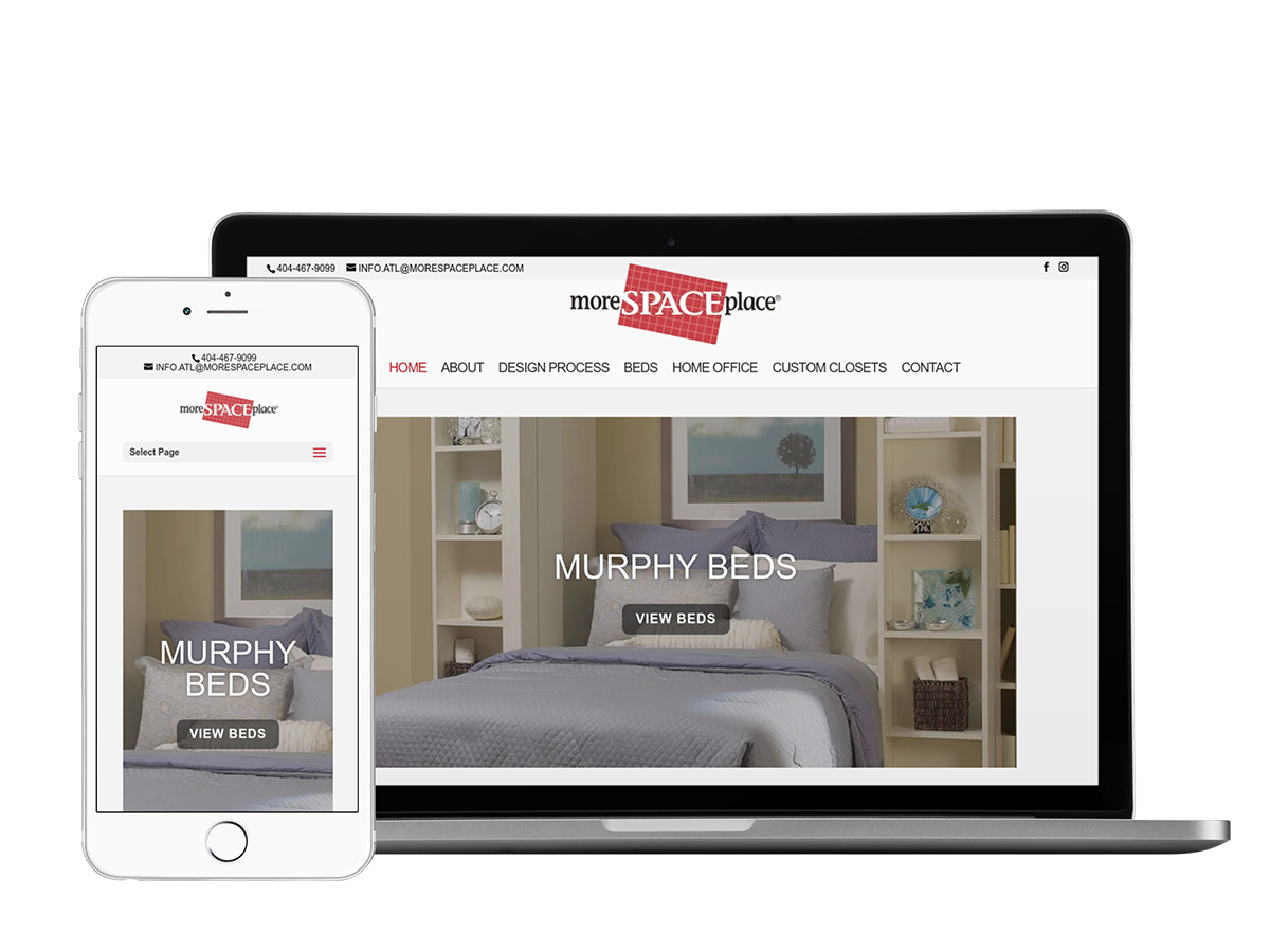 A mobile phone and tablet showcasing a website for a furniture store, emphasizing the theme of maximizing space.