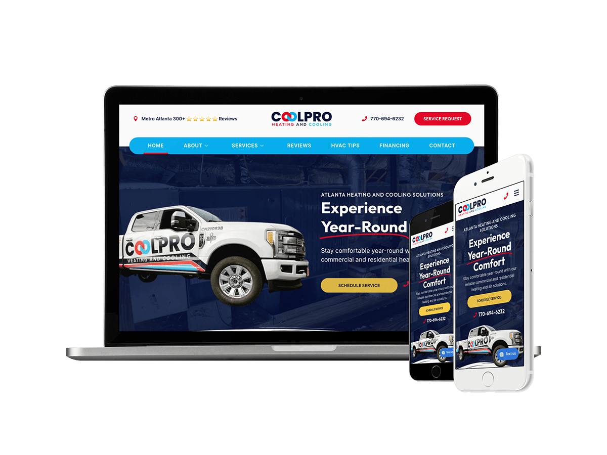Coolpro Heating and Cooling website on a mobile phone and tablet displaying a a new redesign for an hvac company.