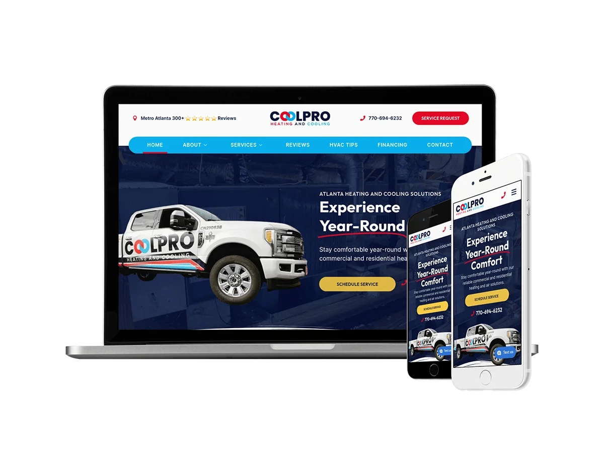 Coolpro Heating and Cooling website on a mobile phone and tablet displaying a a new redesign for an hvac company.
