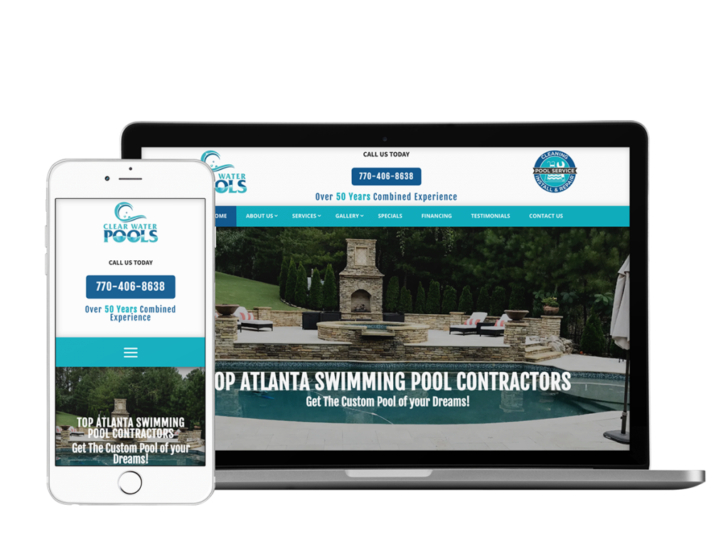 A mobile phone and tablet with a website design for Clear Water Pools, a pool company.