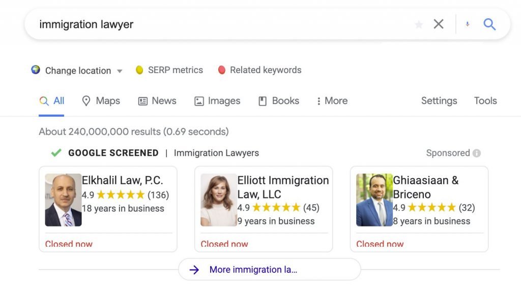 immigration lawyer screenshot of legal google local services ads 1