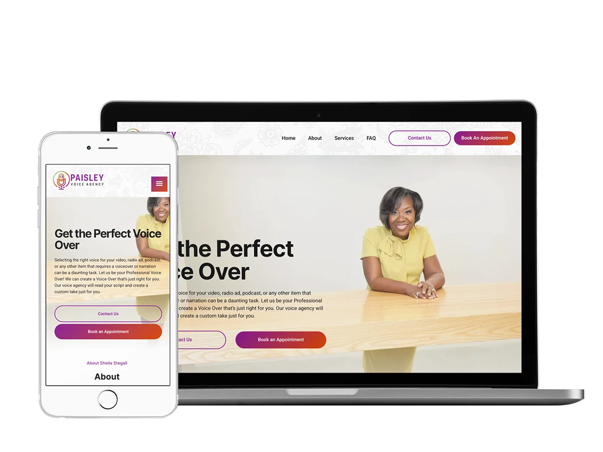A paisley-designed website displayed on a mobile phone and tablet by a voice agency.