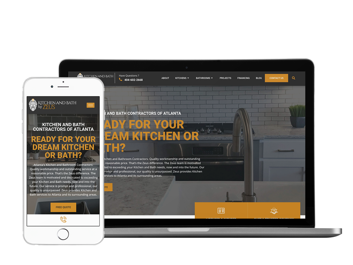 A mobile phone and tablet displaying a website for a kitchen and bath repair company called Zeus.