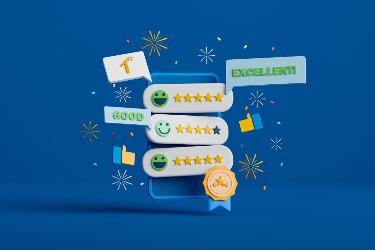 A 3d illustration of a customer rating with stars on a blue background, depicting the bounce rate.