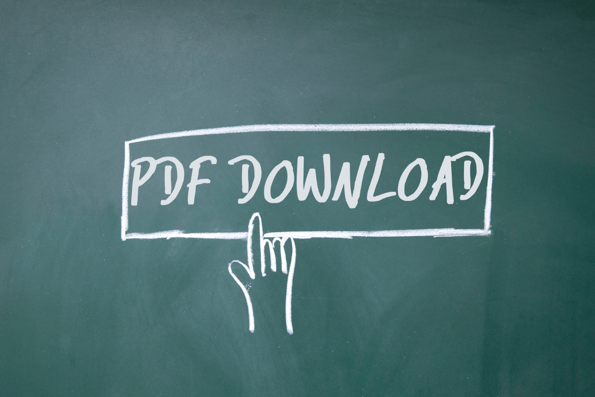 A hand is pointing to the word "pdf download" on a blackboard.