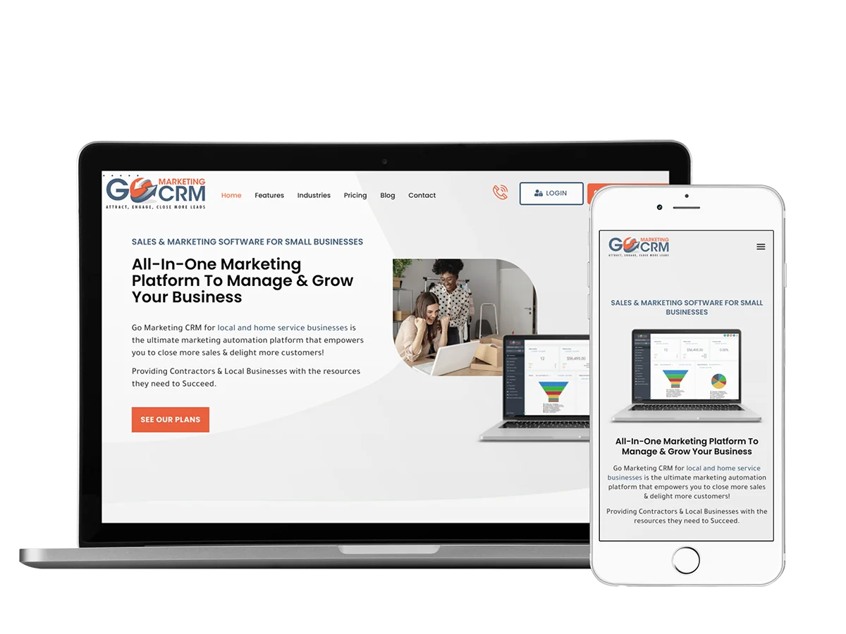 GoMarketing CRM 11 A mobile phone and laptop displaying the gomarketing CRM website.