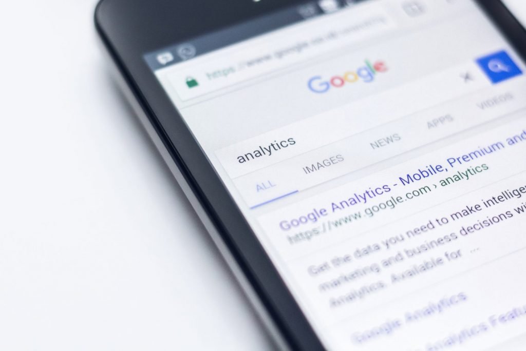 Google analytics is displayed on a cell phone using google.
