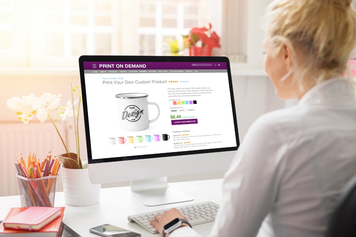 A woman is viewing a computer screen displaying a product image in WebP format.