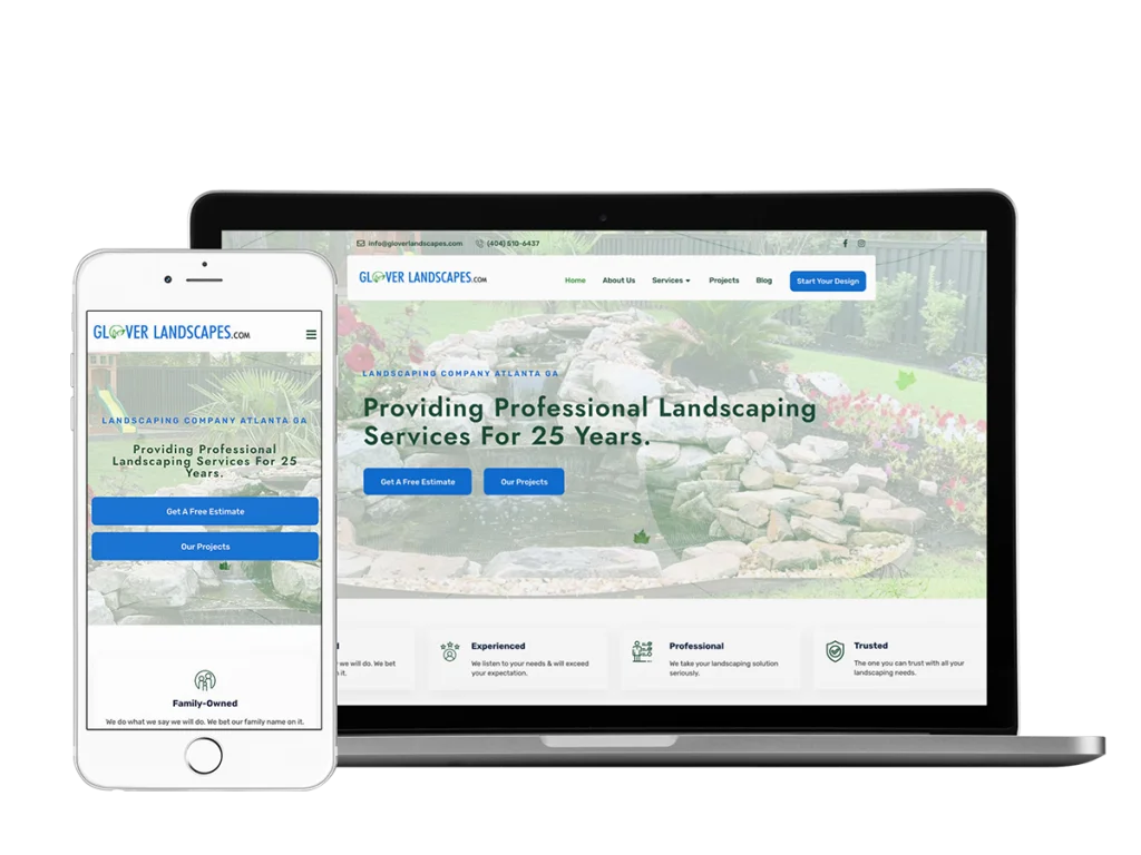 A mobile phone showcasing the website for Glover Landscapes.