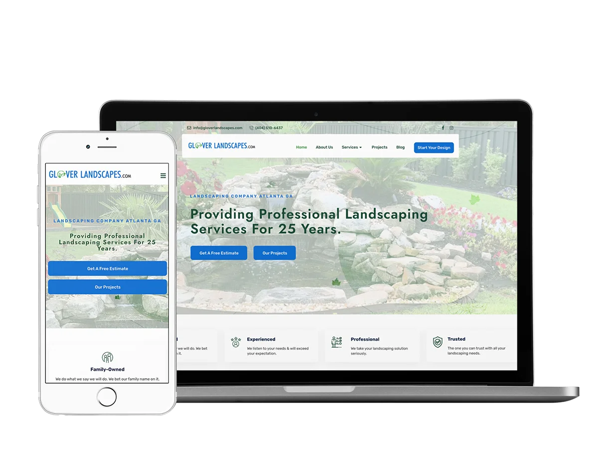 A mobile phone showcasing the website for Glover Landscapes.