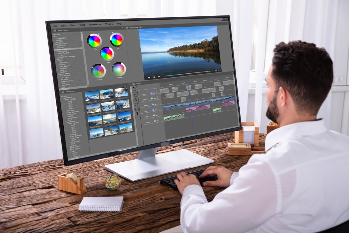 A man sitting at a desk, optimizing images for web on his computer screen.