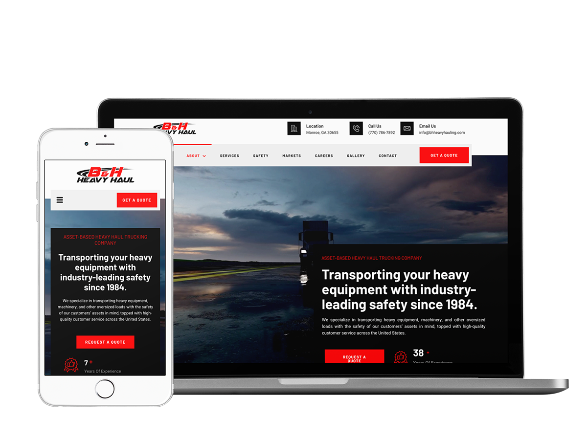 A heavy haul trucking company's website design for mobile and desktop devices.