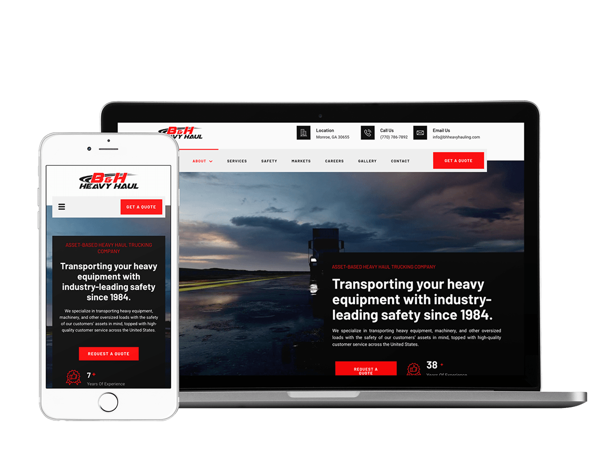 A heavy haul trucking company's website design for mobile and desktop devices.