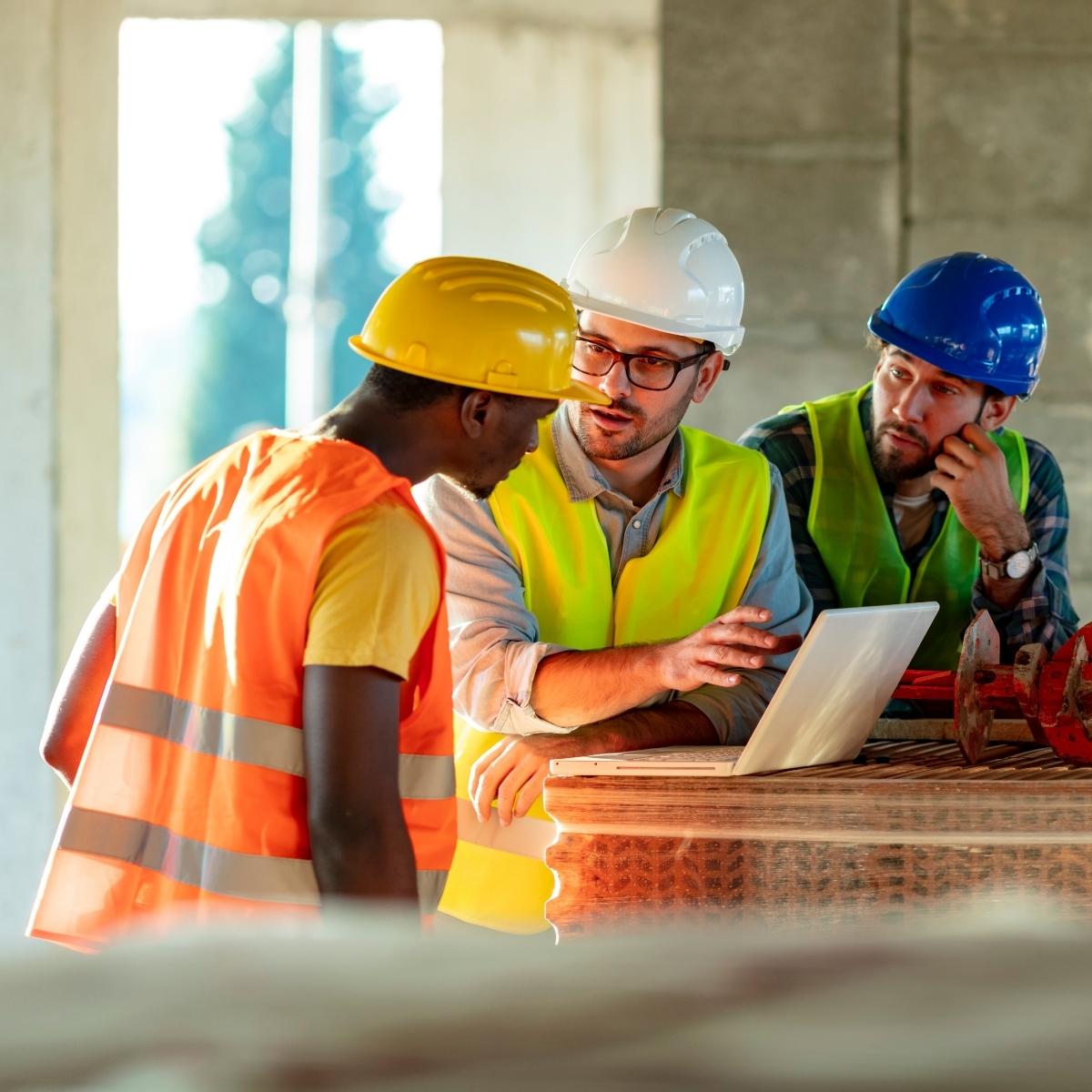 Three contractor workers using laptop for marketing purposes.