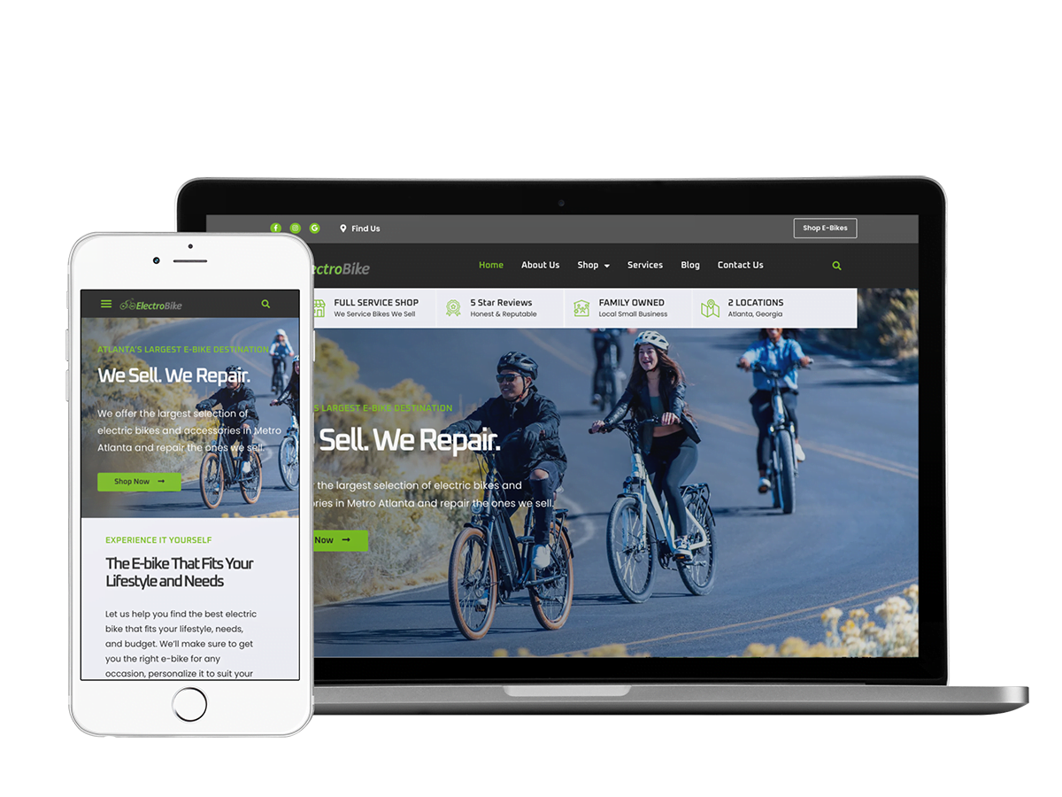 A phone and a tablet displaying a website for an electrobike shop.