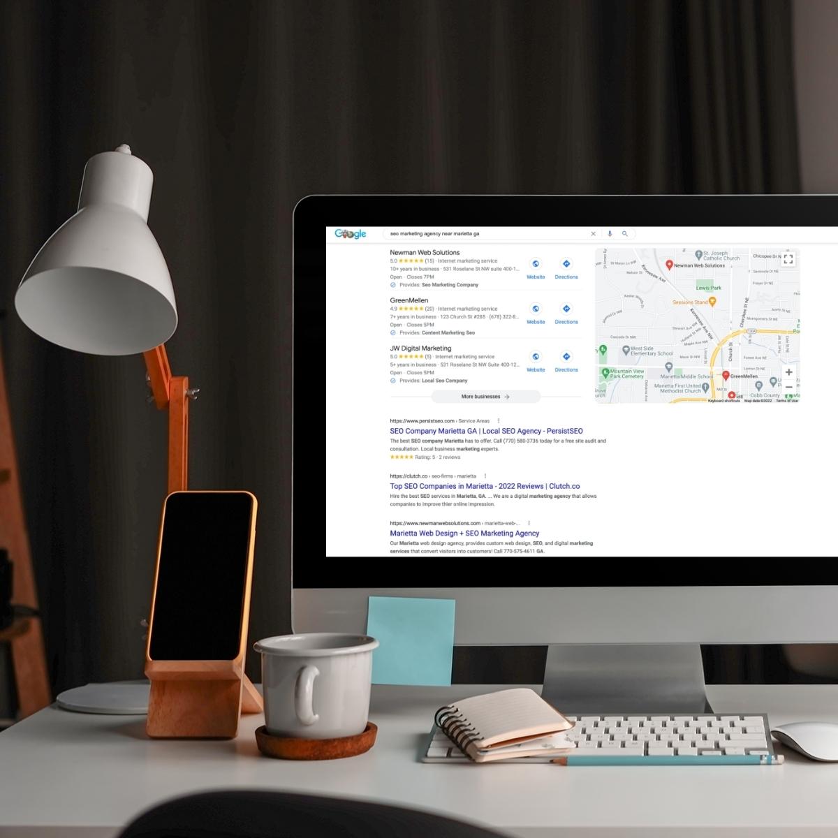 A computer screen displaying a map for WordPress SEO services.