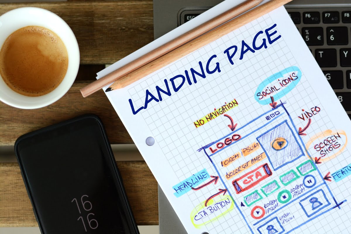 A notebook with the word landing page next to a cup of coffee, emphasizing the importance of effective landing page design for optimizing conversions.
