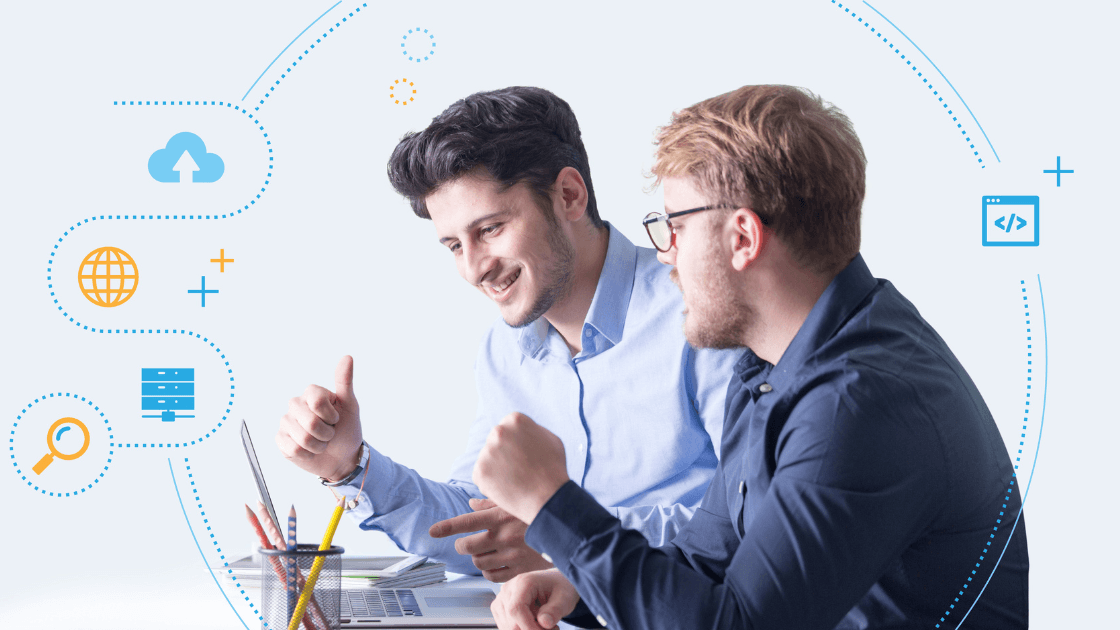 Two men at a desk utilizing internal linking strategies with icons surrounding them.
