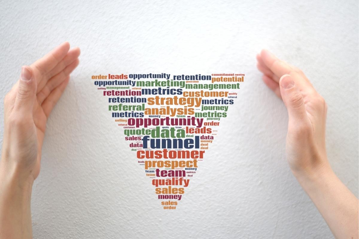 A woman's hands are holding up a word cloud representing different stages of the marketing funnel.