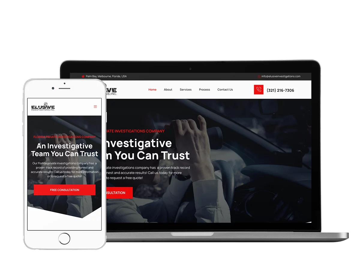 Elusive Investigations 5 A mobile phone and tablet displaying the elusive investigations website for a detective agency.