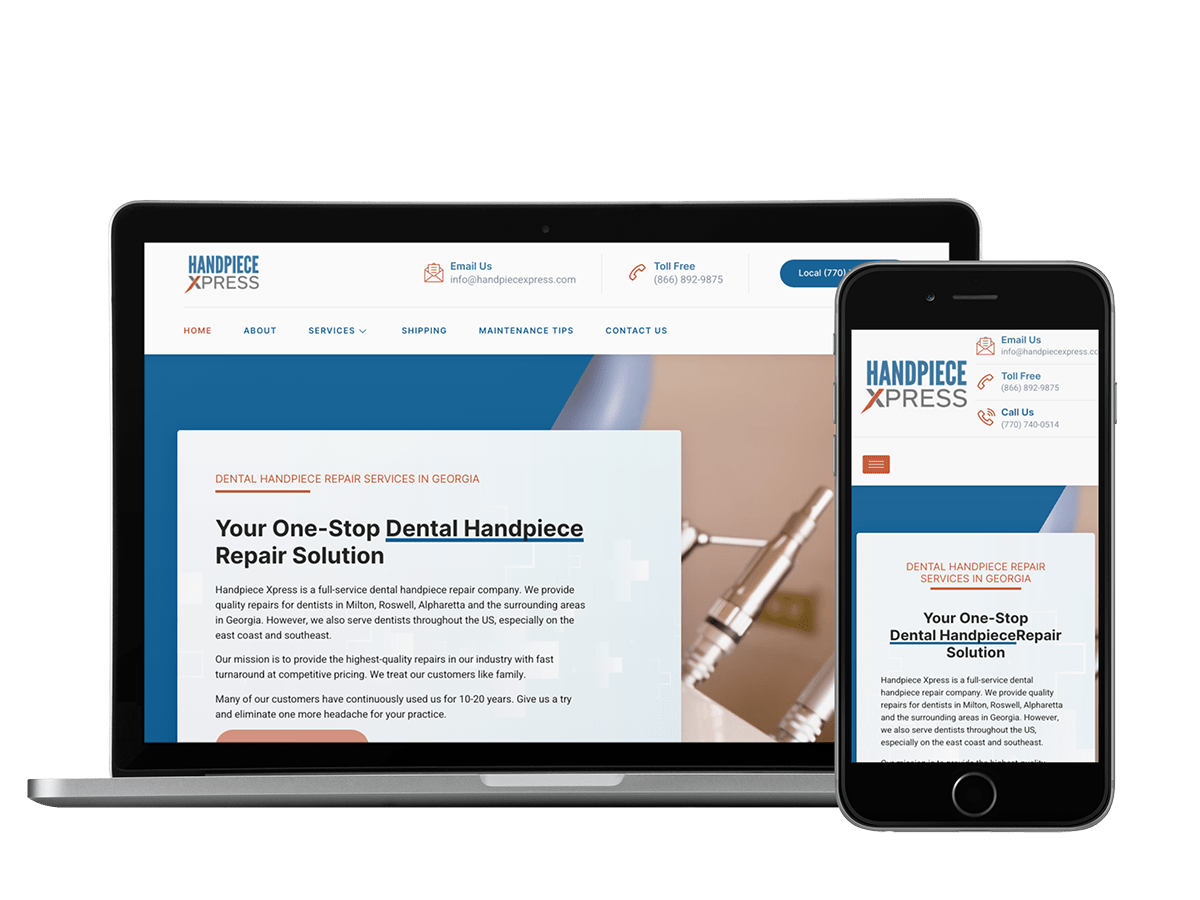 A mobile phone and tablet displaying a website for a dental practice, featuring the Handpiece Xpress.