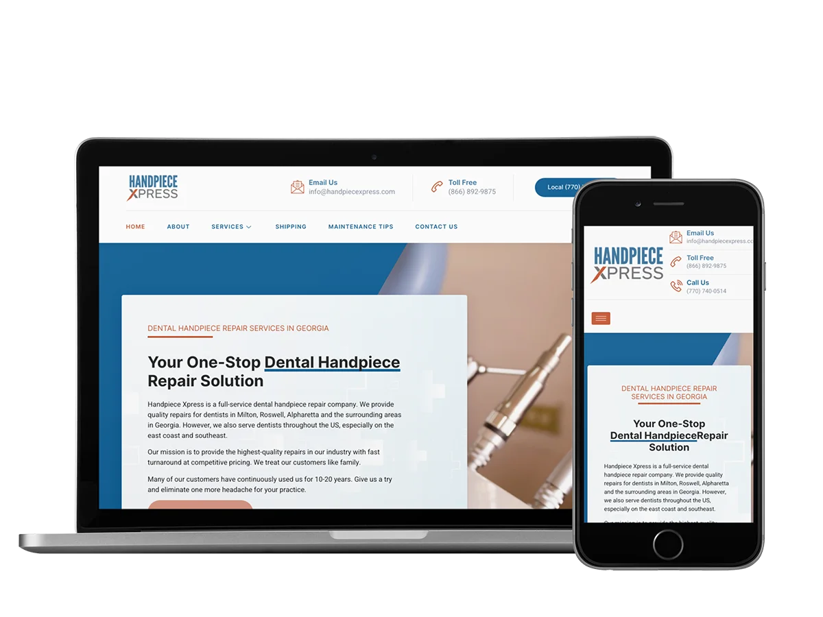 Handpiece Xpress 3 A mobile phone and tablet displaying a website for a dental practice, featuring the Handpiece Xpress.