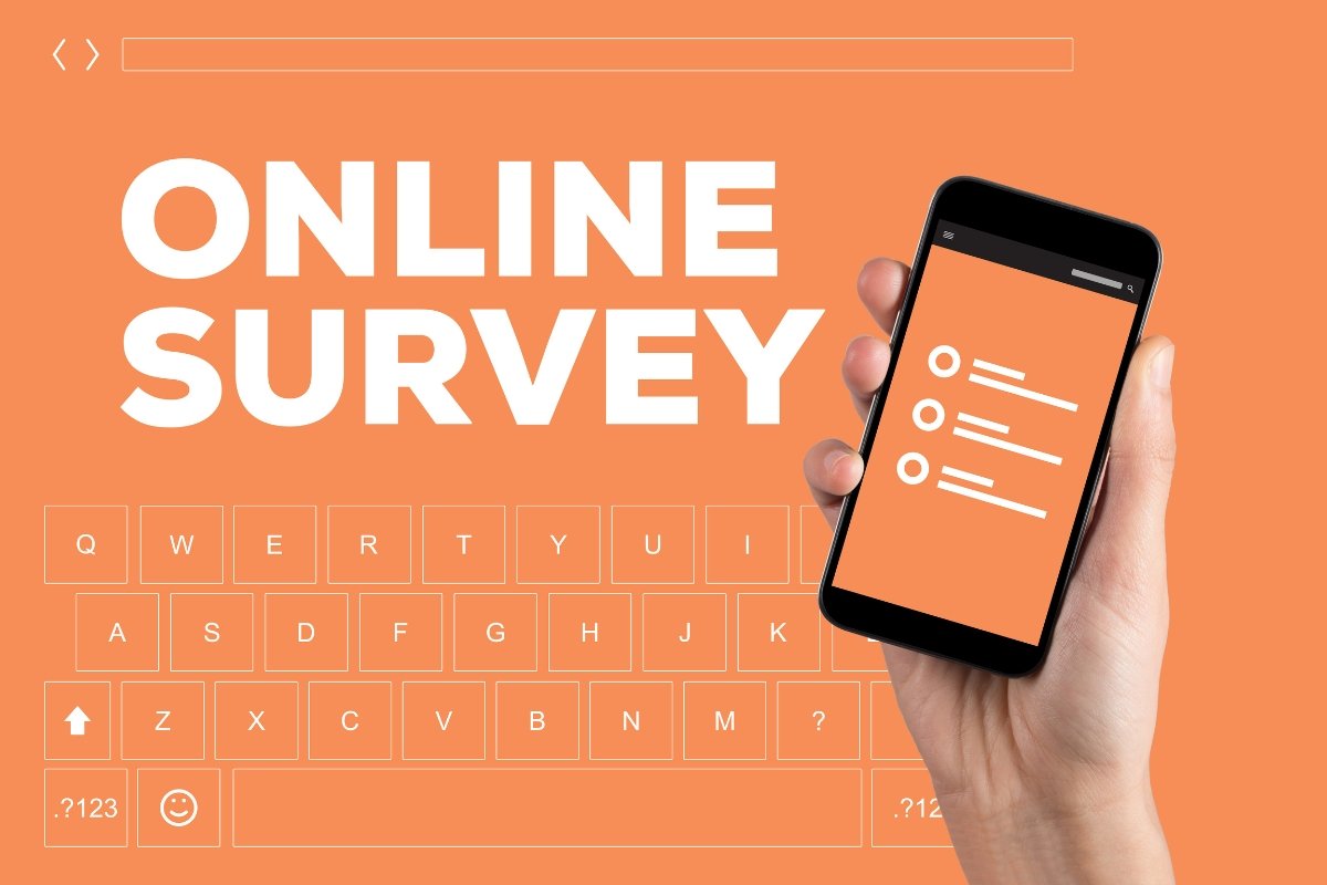 A hand holding a smartphone displaying a website survey.