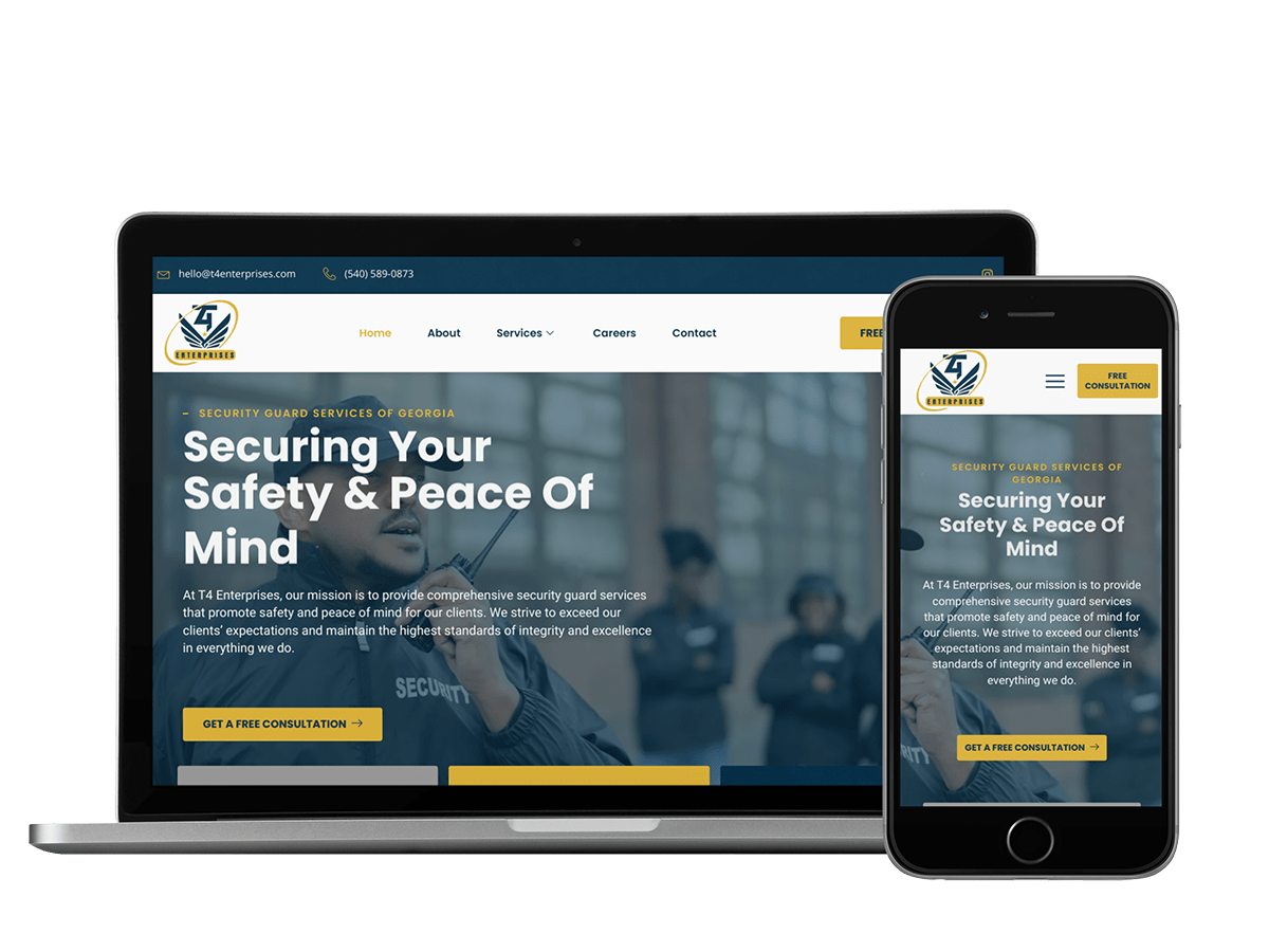 A laptop and a tablet displaying the T4 Enterprises' website for a security company.