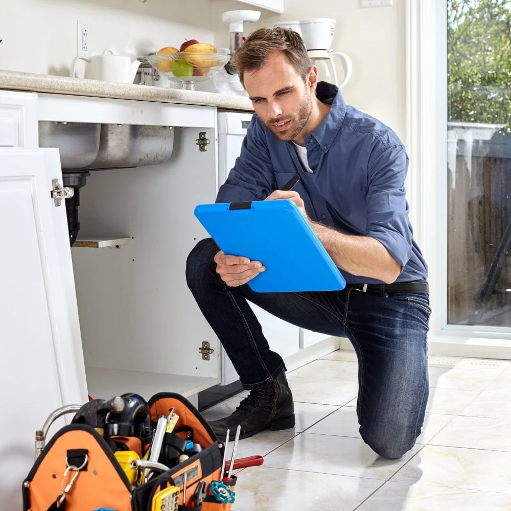 A plumber inspecting a sink with a clipboard.