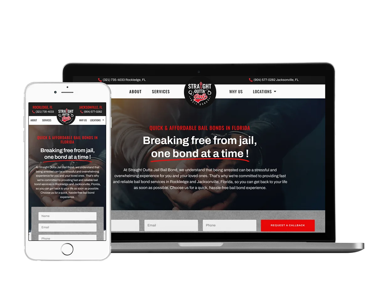 Straight Outta Jail Bail 1 A mobile phone and laptop displaying the website for a criminal defense law firm specializing in bail bonds.