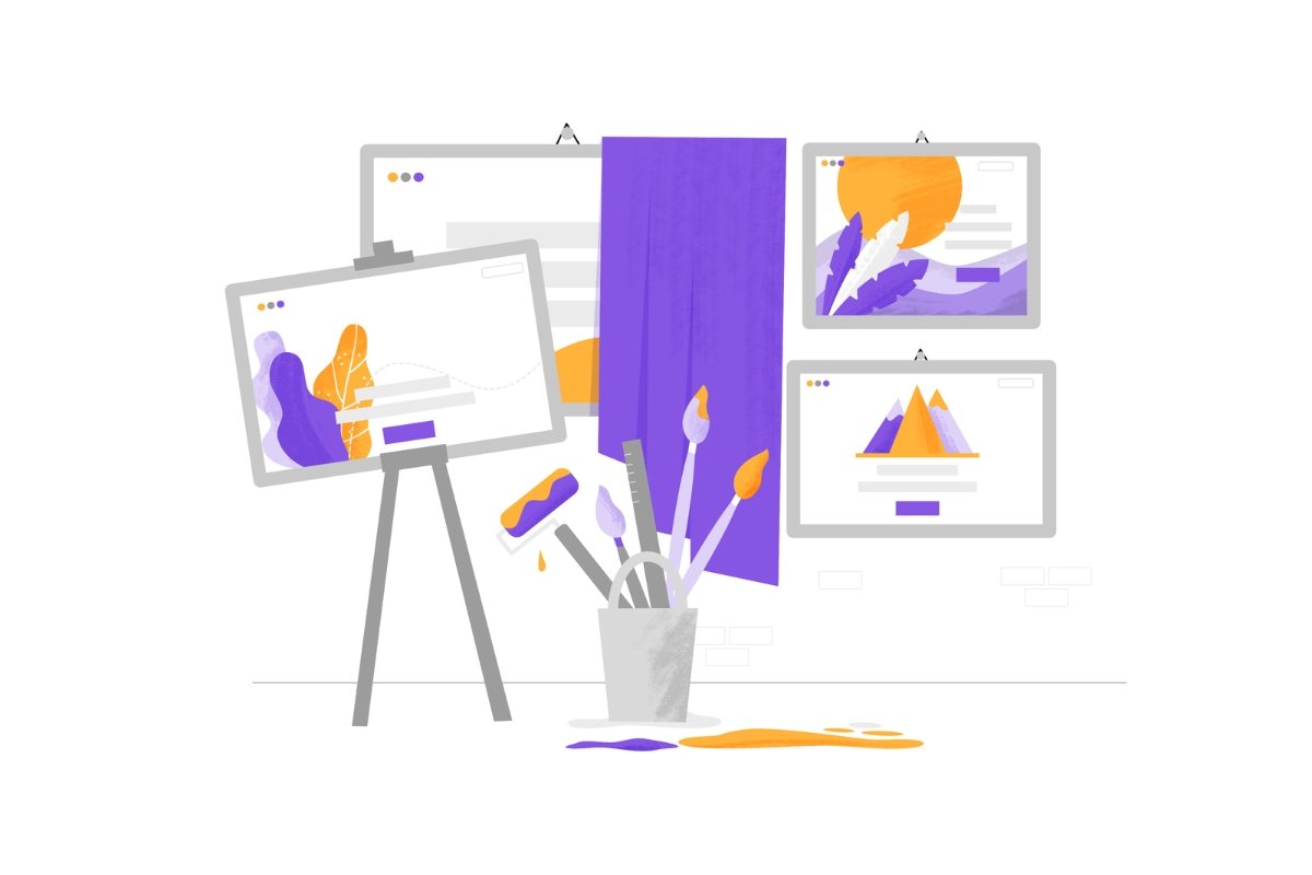 A website undergoing a makeover with paint brushes on a white easel and a purple easel.