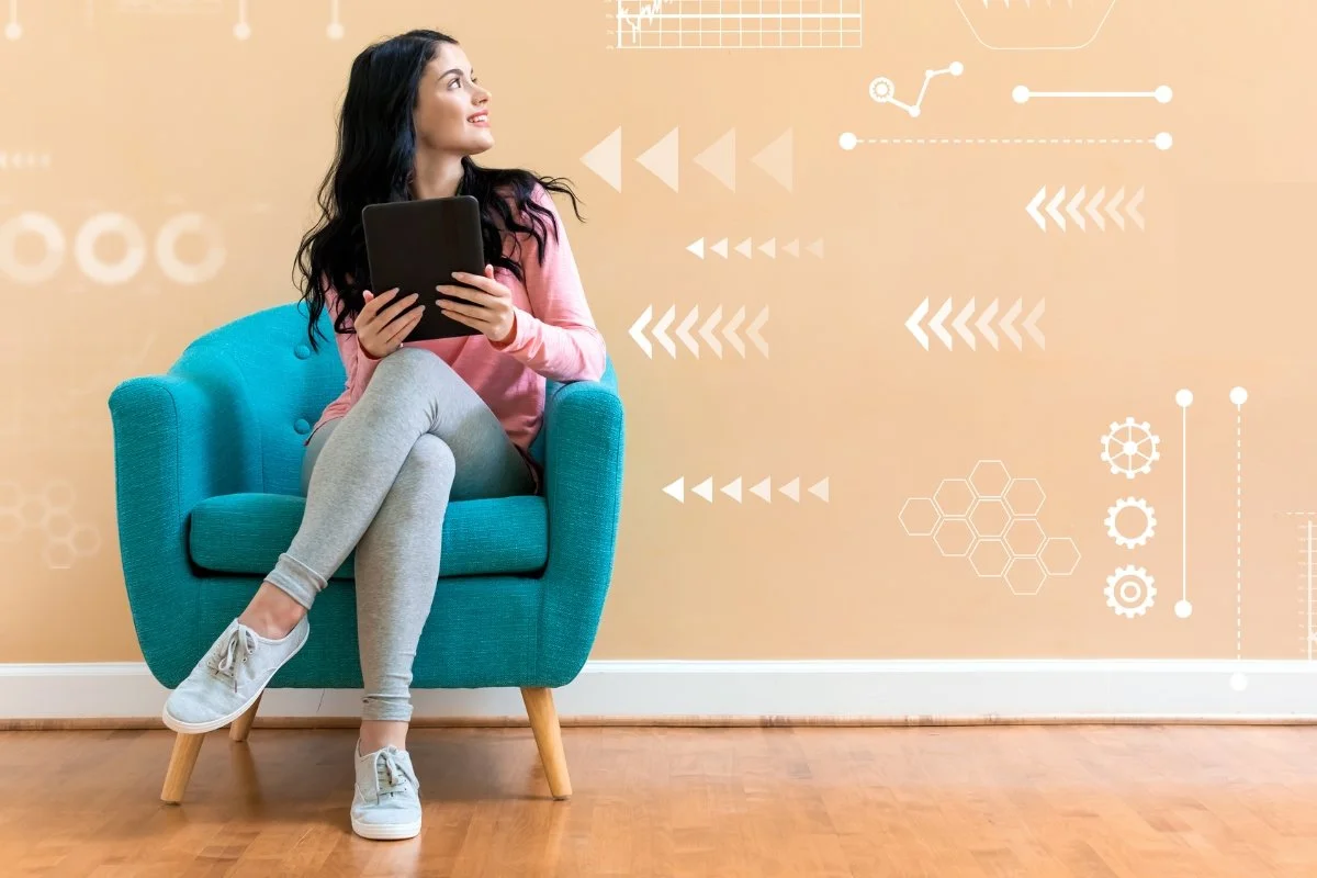 A young woman utilizing a tablet computer for automated lead generation.
