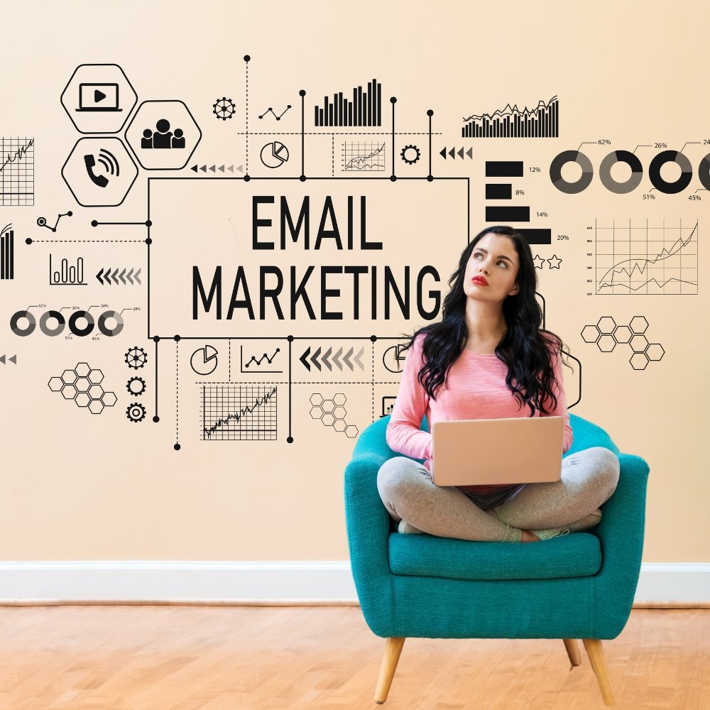 A woman sitting in a chair in front of a wall with the words email marketing services.