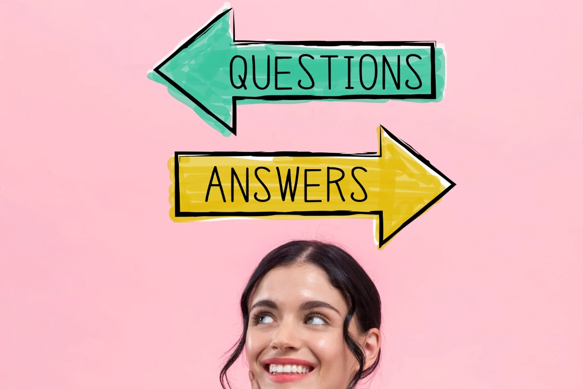 Google Answer Box: A Game-Changer In Search 3 A woman thinking about the benefits of Google Answer Box with arrows labeled "questions" and "answers."