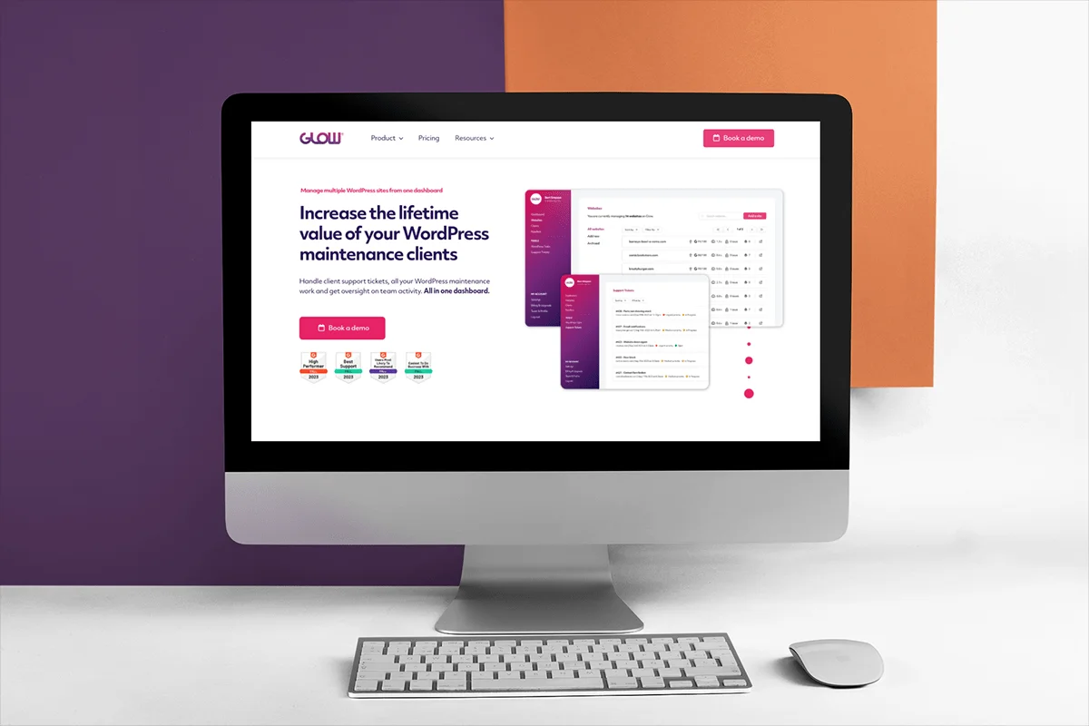 3 Pillars of Effective Website Maintenance 2 A computer screen displaying Glow and effective website maintenance tool for managing multiple wordpress sites with a purple and orange background.