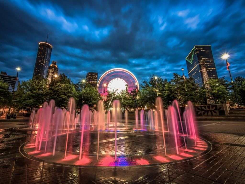 The History of Atlanta, Georgia 3 A historic fountain in the heart of Atlanta, Georgia, illuminating the city's rich history at night.