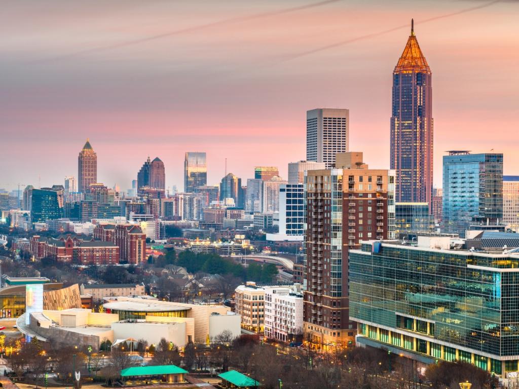 The History of Atlanta, Georgia 2 Atlanta skyline at sunset in Georgia.