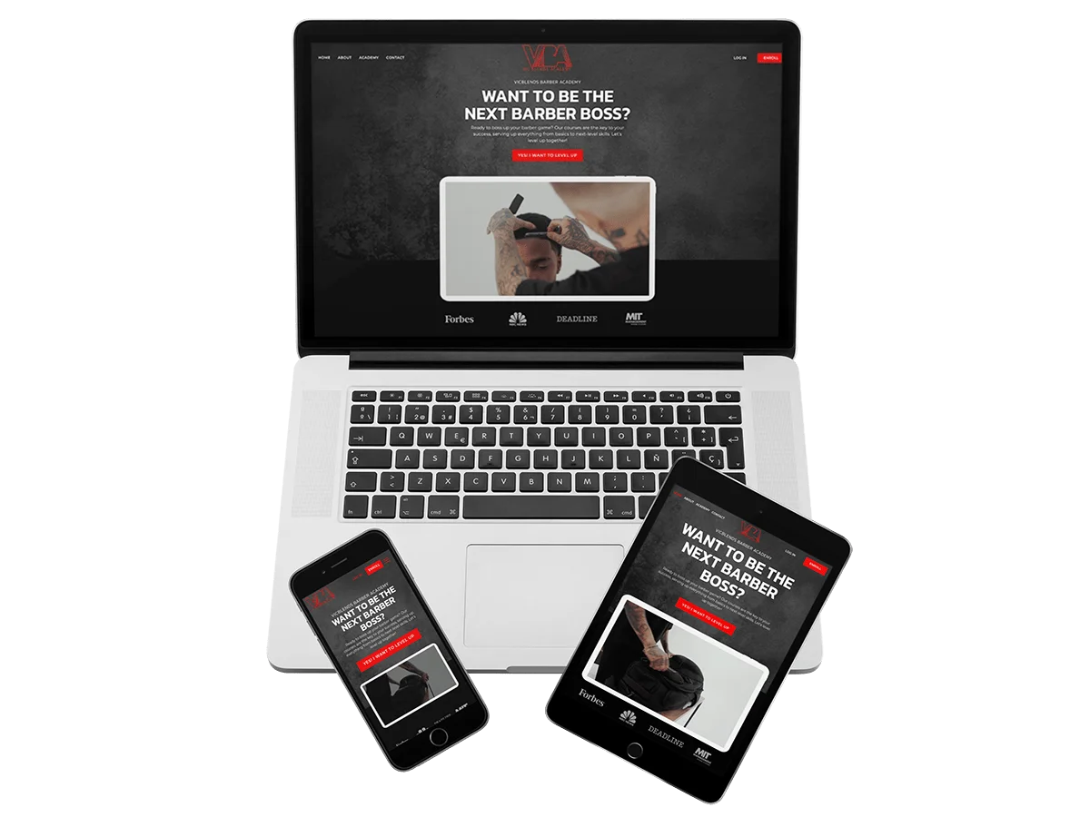 VicBlends Academy 1 A laptop, phone, and tablet displaying a website for VicBlends, a barber shop designed by Newman Web Solutions Agency of Atlanta GA.