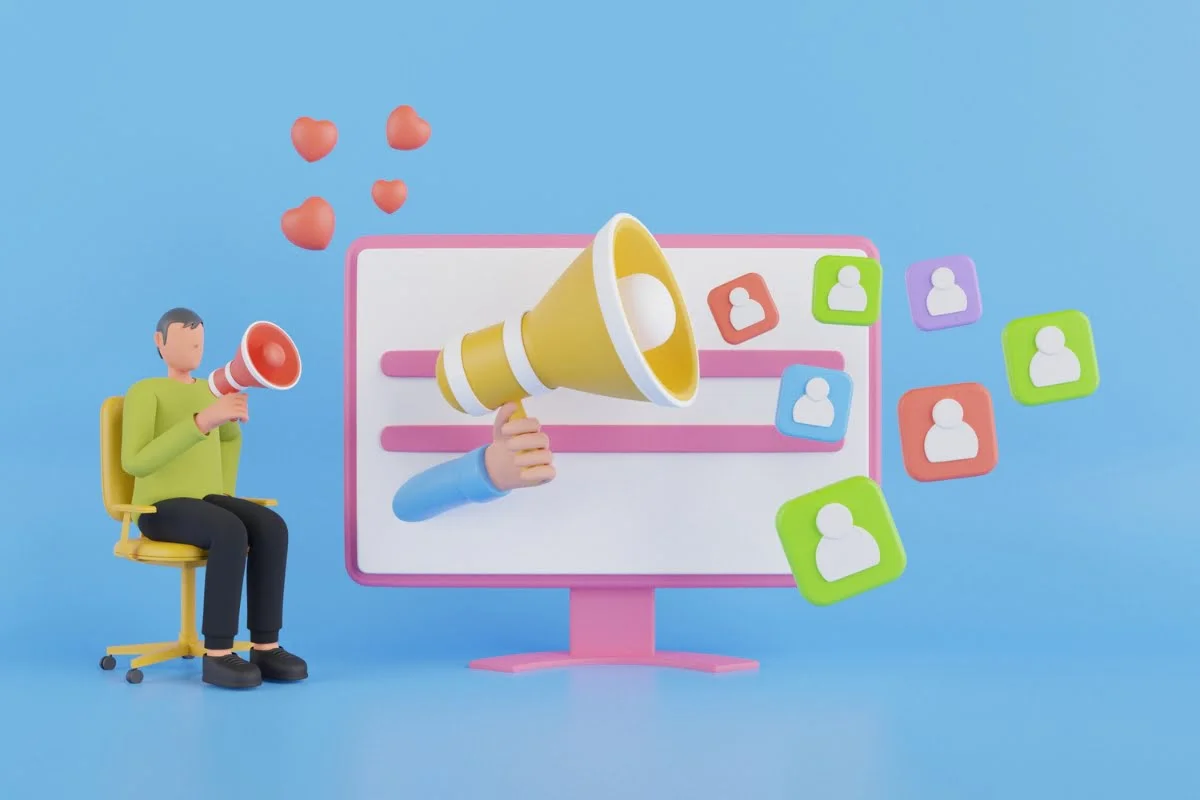 Maximize Your Reach with HVAC Local Service Ads 4 3d illustration of a man with a megaphone and social media icons promoting local service ads for HVAC.