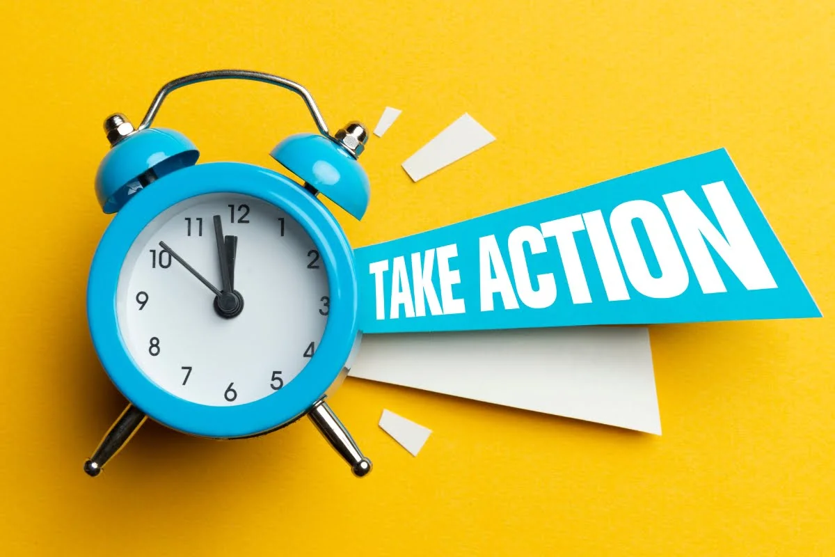 Landing Page Conversions: The Ultimate Guide to Skyrocket Your Sales 6 A blue alarm clock designed for landing page conversions with the word take action prominently displayed on its face.