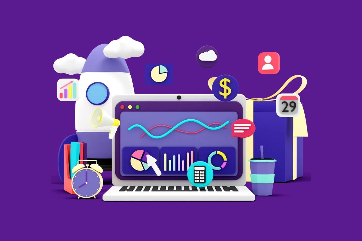 Landing Page Conversions: The Ultimate Guide to Skyrocket Your Sales 10 A aesthetically pleasing purple background with a laptop, phone, and other items designed to maximize landing page conversions.
