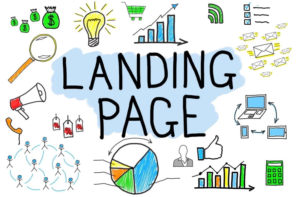 Landing Page Conversions: The Ultimate Guide to Skyrocket Your Sales 2 A landing page designed for optimal conversions, featuring a multitude of icons positioned strategically around it.