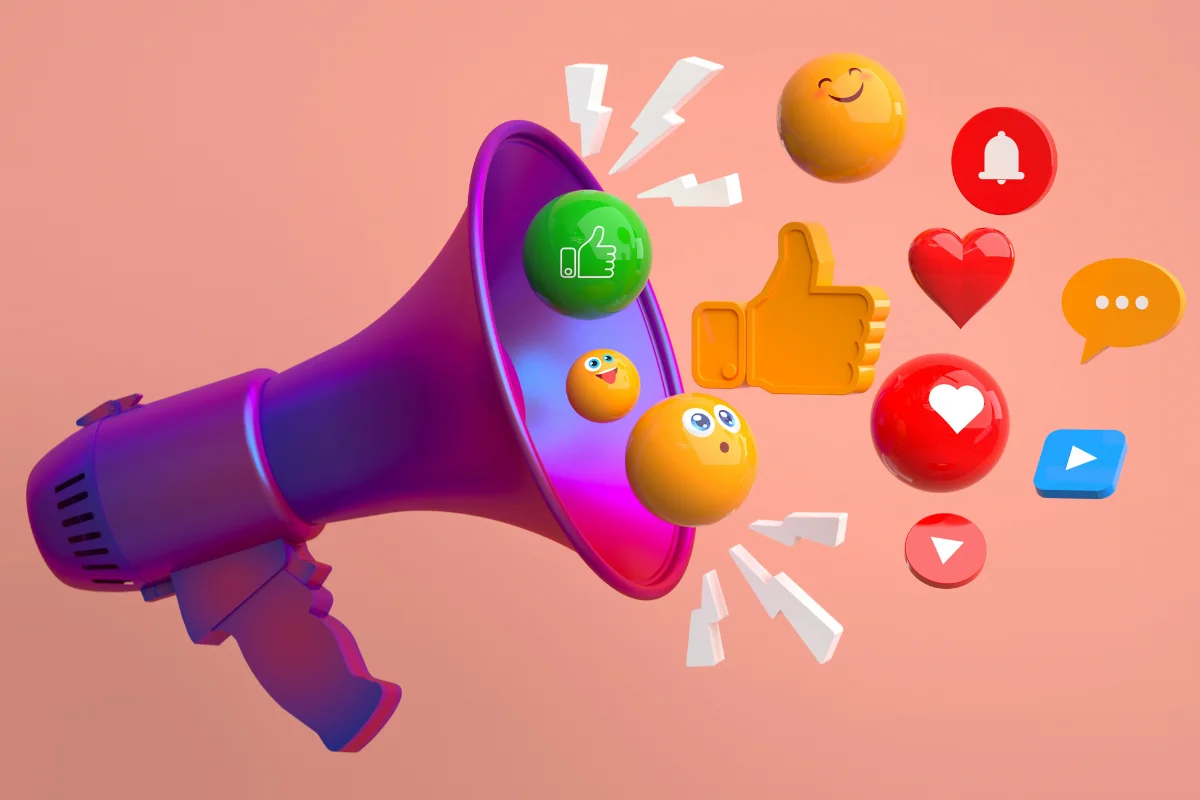Social Proof Marketing: Boost Your Brand With Trustworthy Validation Techniques 3 A megaphone amplifying social emoticons as a powerful form of social proof marketing.