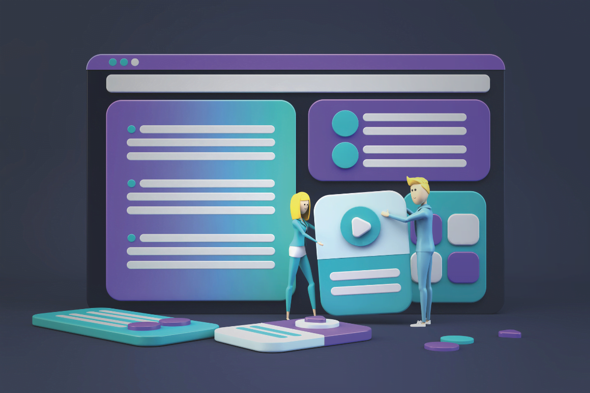 A 3D illustration of two people strategizing a short video content plan next to a computer screen.