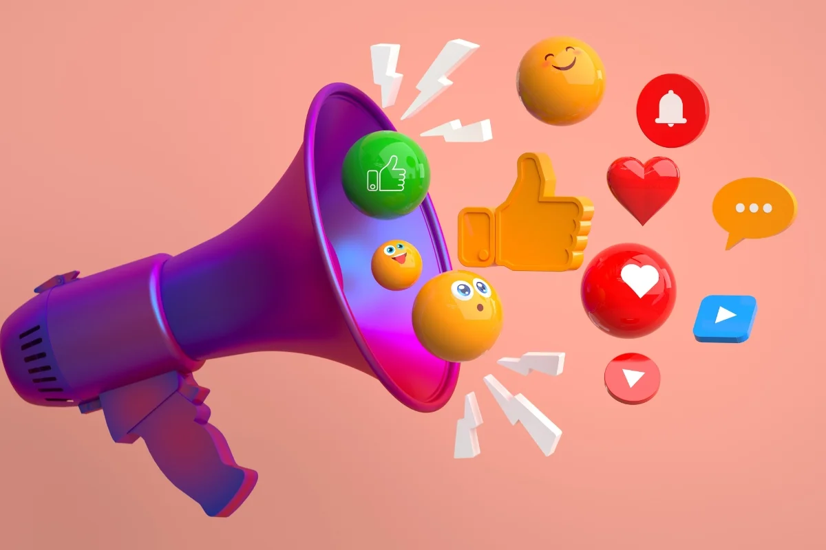 Social Media Copy: Master the Art of Writing Engaging Online Content 2 a horn with social media icons, indicating social media copy for marketing