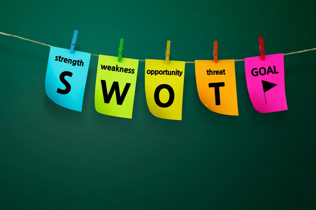 SWOT Analysis Guide: Maximizing Strengths And Seizing Opportunities 3 A colorful array of notes attached with clothespins, perfect as a SWOT analysis guide.
