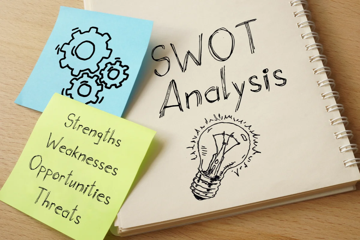SWOT Analysis Guide: Maximizing Strengths And Seizing Opportunities 5 A notebook with a drawing of gears and light bulb on it, inspired by a SWOT analysis guide.