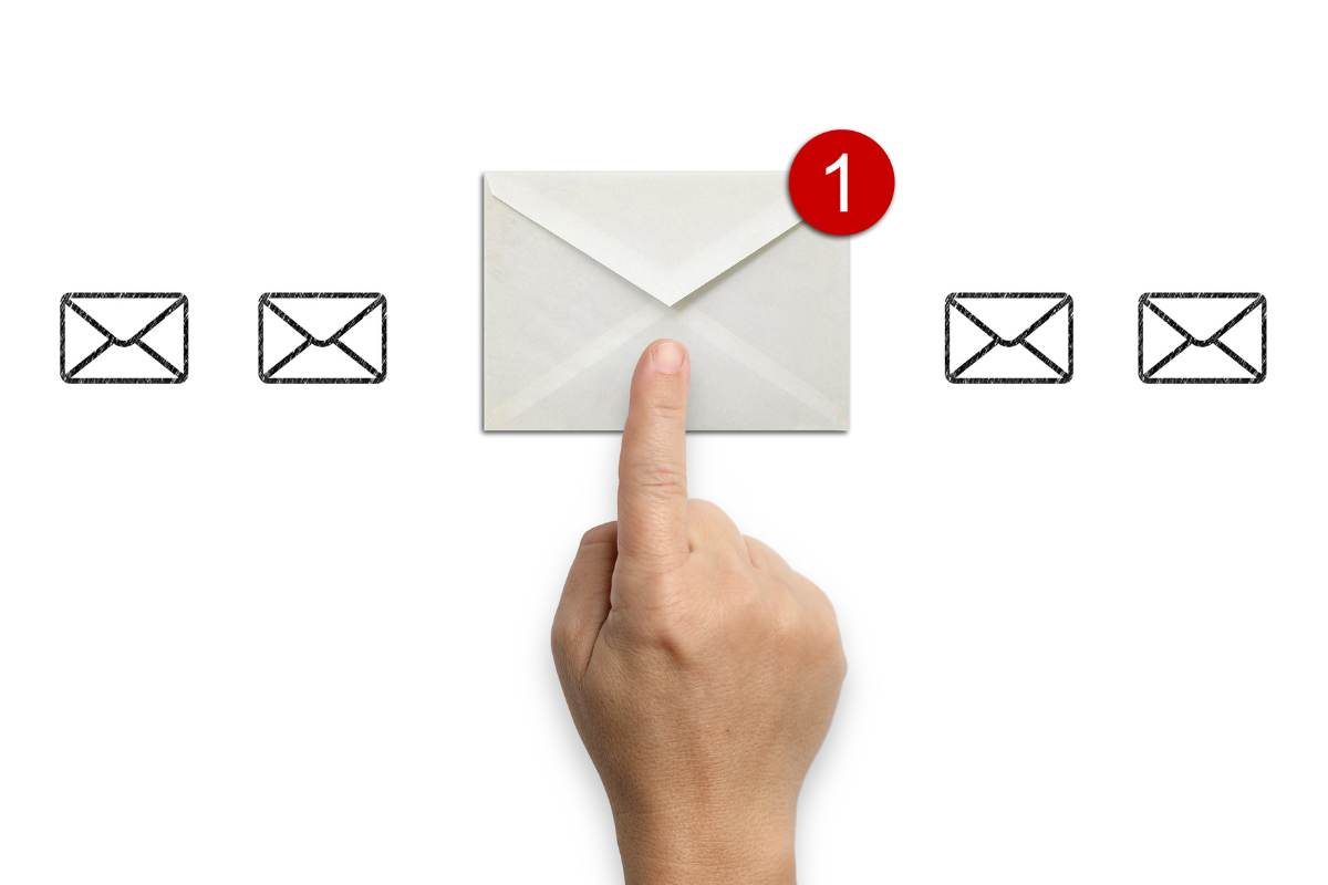 A hand is pointing at an envelope with arrows on it, indicating a possible issue with WordPress emails not sending.
