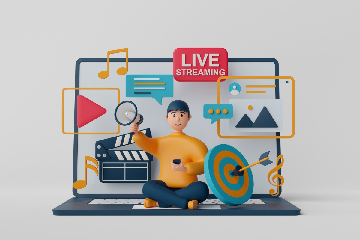 A 3d model of a man sitting on a laptop with live streaming and content syndication icons.